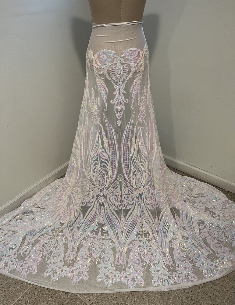 WHITE PINK BLUE Iridescent 4way stretch sequins Lace fabric 50” Width 1 Yard