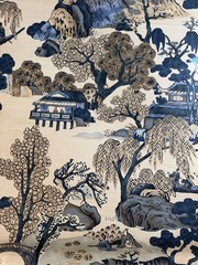 Thibaut F975461 Asian Scenic Blue and Beige Fabric 4 Yards