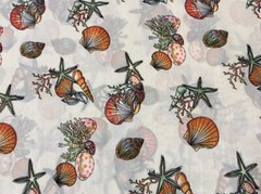Sea shell sea weed star fish polyester chiffon fabric on beige, 58″ by 20″