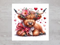 Valentines Floral Bow Highland Cow Fabric Panel Craft Sewing Quilt Block A520