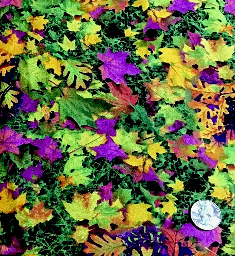Neon Camo Leaves 1 Yard Nature Forest Flower Vivid Purple Green Yellow Cotton