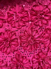 Allie HOT PINK 3D Floral Polyester Satin Rosette with Sequins Fabric by the Yar