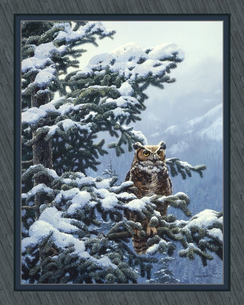 Winter Vigil Great Horned Owl Fabric Panel Cotton 36 inches X 45 inches