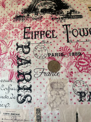 David Textiles Pink Black Paris Eiffel Tower Fabric C. Allen 1.75 YDS Rare