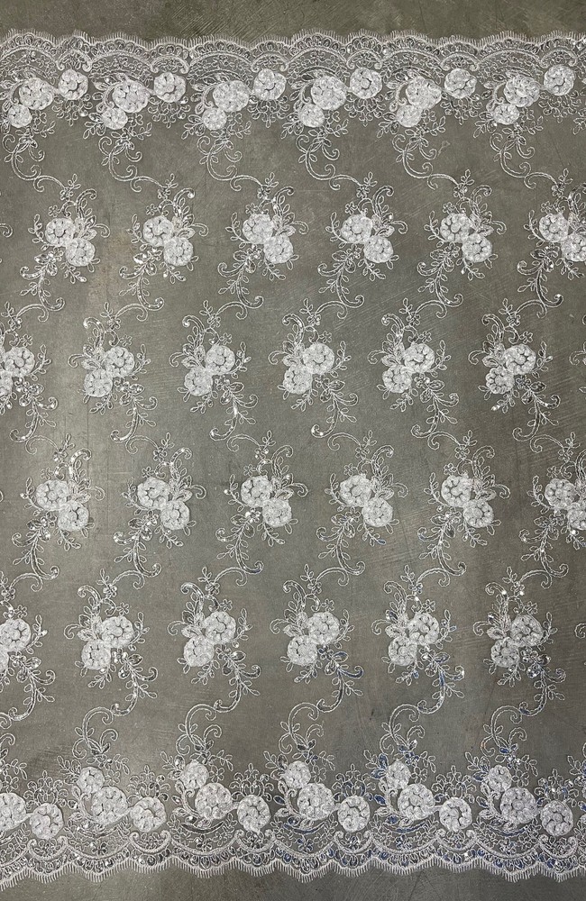 Ryleigh WHITE 3D Floral Embroidery with Foil & Sequins on Mesh Lace Fabric by t