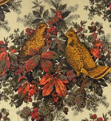 Vintage Fabric Scrap Birds Partridge Botanical Autumn Colors Rustic Traditional