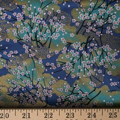 Japanese Floral in Teal & Navy Blue on Cotton Shirting w/ Metallic Gold