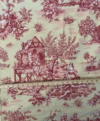 Red French Toile Scenic Cotton Upholstery Fabric 56″W – Vintage, By the Yard