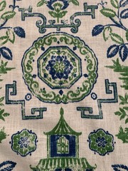 BTY – Richloom Platinum Pagoda Blue , Green Upholstery , Curtain Fabric