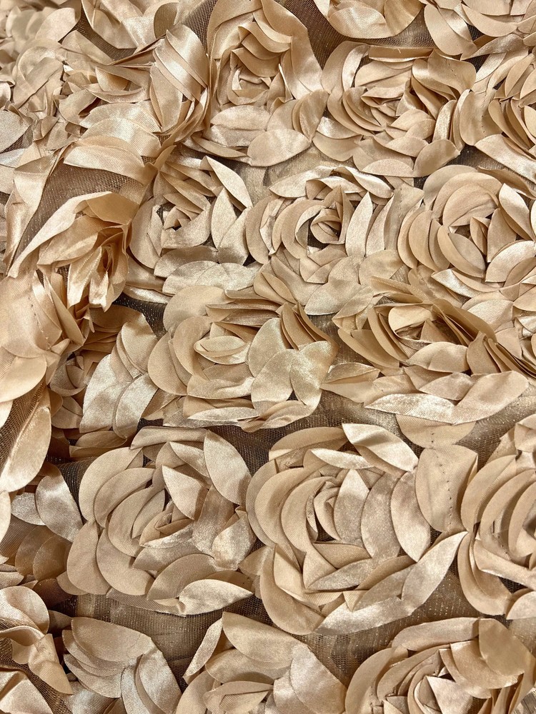 Maci LIGHT CHAMPAGNE 3D Floral Polyester Satin Rosette on Mesh Fabric by the Ya