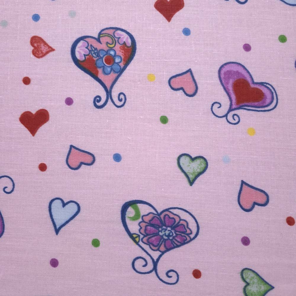 Playful Multicolor Heart Print Pink Poly Cotton Fabric 58″ By The Yard