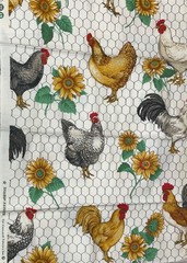SHARON KESSLER FARMHOUSE CHICKEN & SUNFLOWER PRINT TABLECLOTH 43″ X 42″ PREOWNED