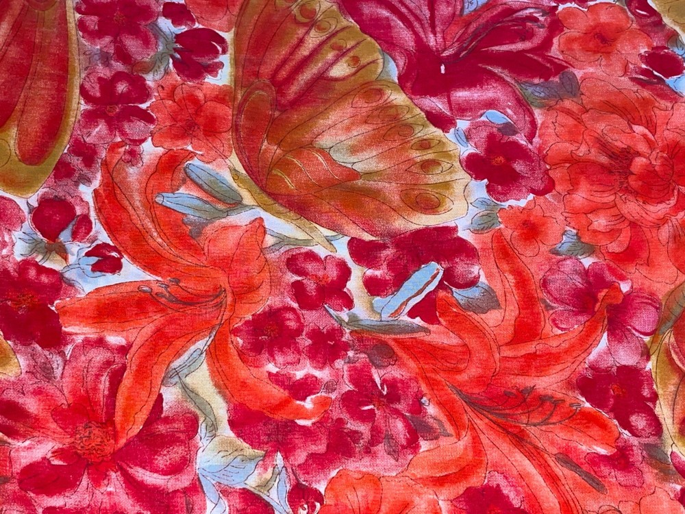 By 1/2 Yd Vintage Large Orange Red Poppy Butterfly Cotton Fabric by Cranston
