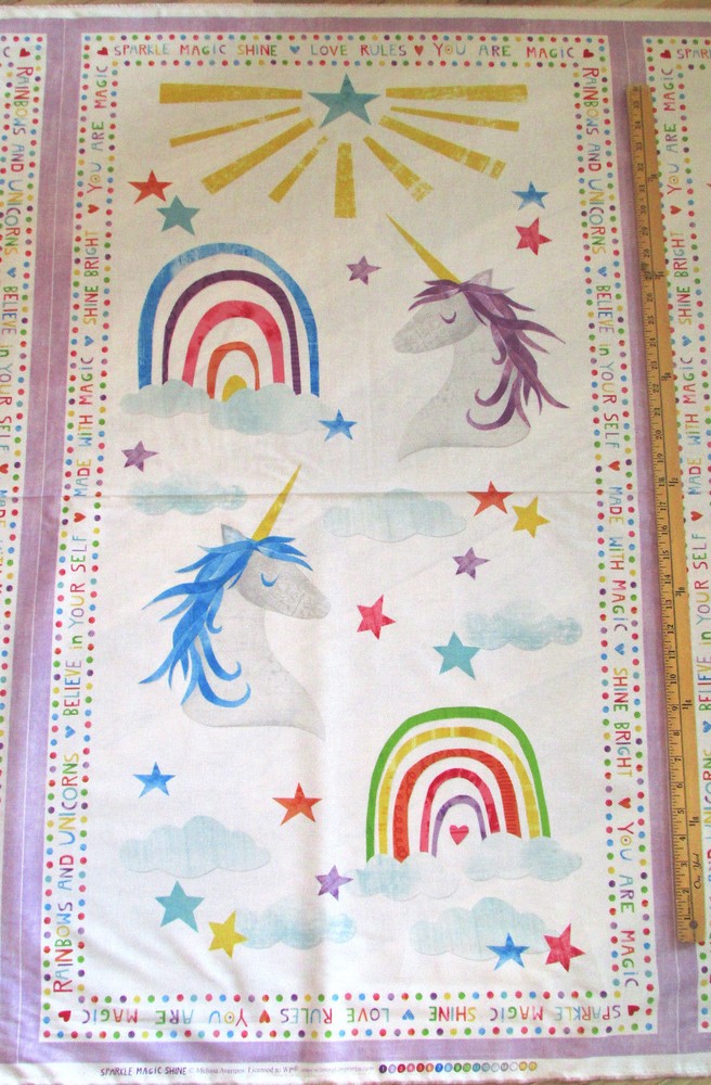 Sparkle Magic Shine Unicorn Rainbow Fantasy Fabric 23″ Panel #83101