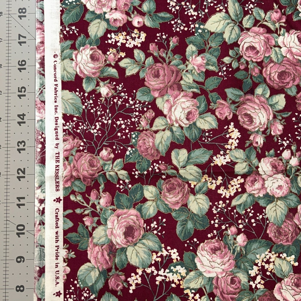 Pink Roses The Kesslers For Concord Cotton Fabric 1/2 Yard (18 By 44”) New