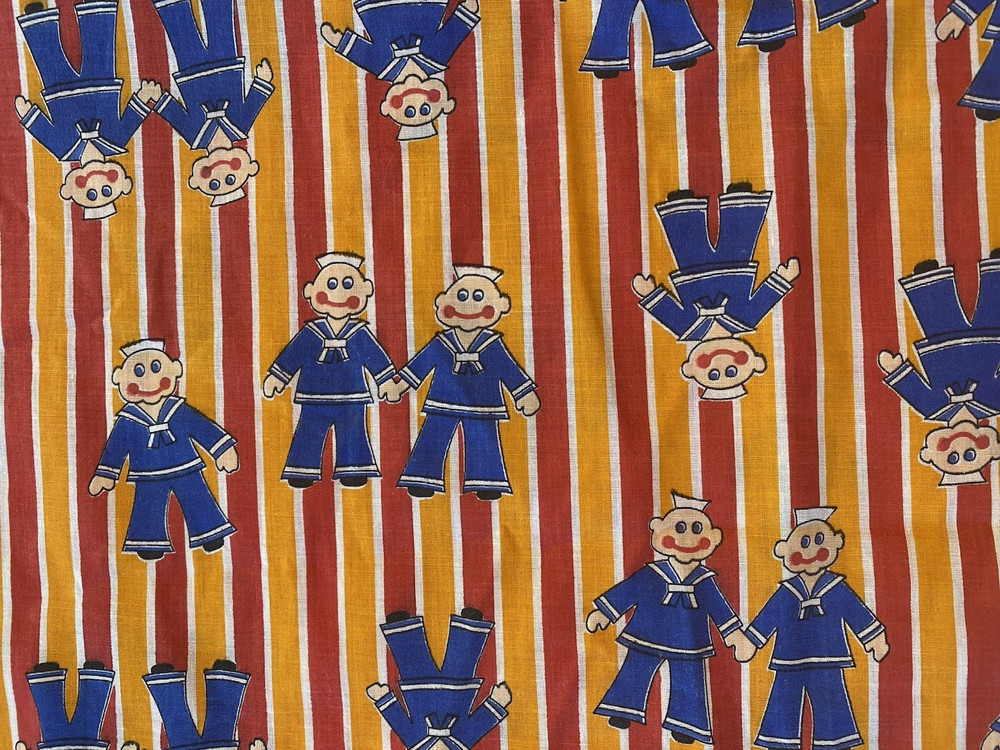 2.4 yds Vintage Sailors Boys Red Orange Stripe Cotton Novelty Juvenile Fabric