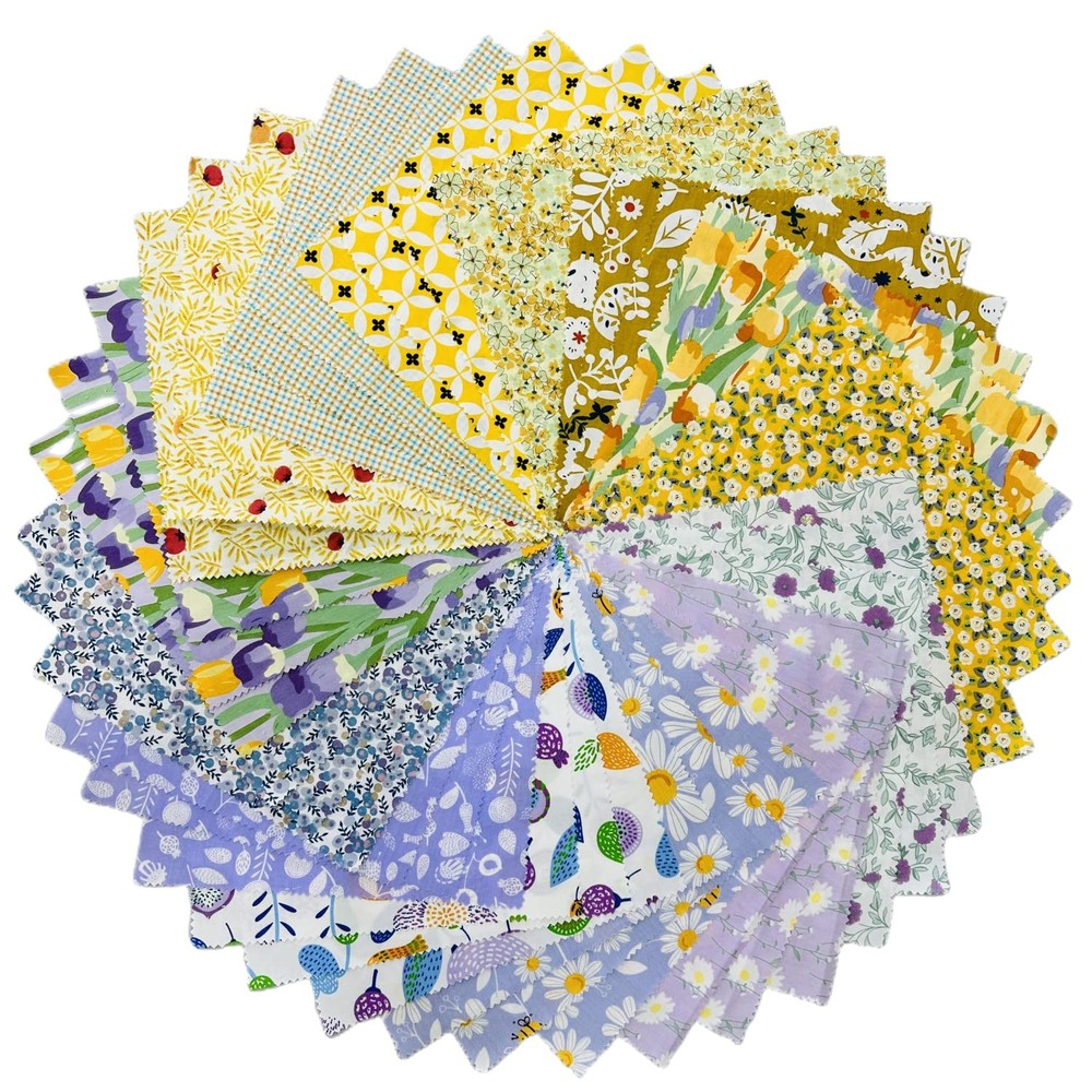 Vintage Floral Precut Fabric Squares 10×10, Purple 10 Inches, Yellow