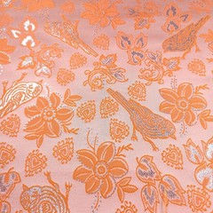 Metallic Brocade Fabric Tangerine Orange Bird Heart Floral 57″ Wide by the Yard
