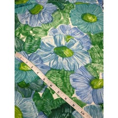 Vintage 60s Flower Print Fabric Green Blue Brushstroke Floral Large Print 4.9 Yd
