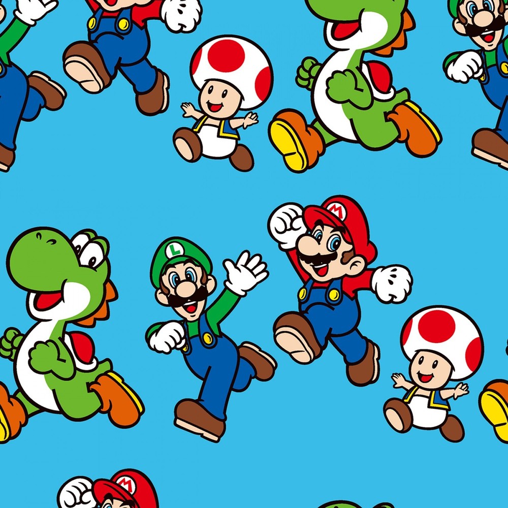 BTY Nintendo Super Mario & Friends Luigi Yoshi Toad Blue Cotton Fabric By Yard
