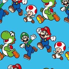 BTY Nintendo Super Mario & Friends Luigi Yoshi Toad Blue Cotton Fabric By Yard