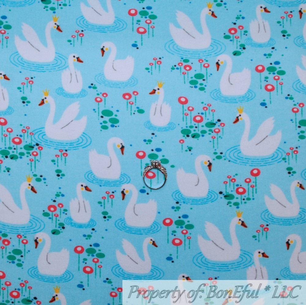 BonEful FABRIC FQ Cotton Flannel VTG Quilt Blue Water White Swan Flower Animal S