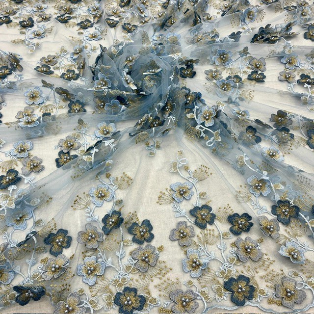 3D Floral Lace Fabric – Luxury Embroidered Bridal Mesh Material VT-36 by Yard