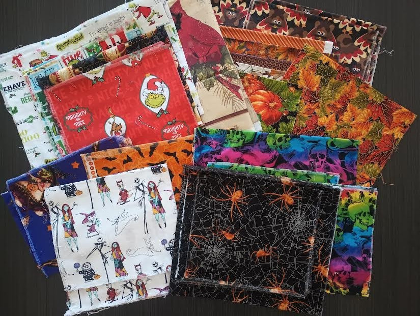 SEASONAL COTTON FABRIC SCRAPS HALLOWEEN THANKSGIVING CHRISTMAS LOT 1 LB 8 OZ