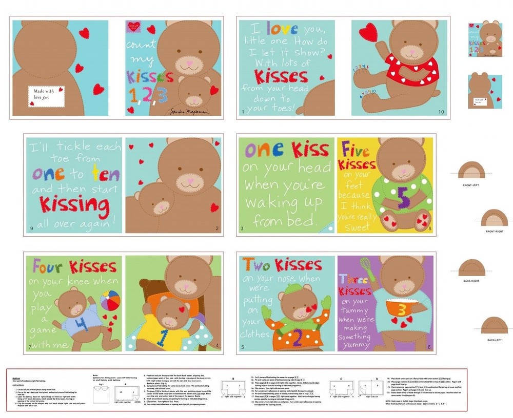 Studio e Fabrics ~ Count My Kisses 123 Bear ~ 100% Cotton Soft Fabric Book Panel