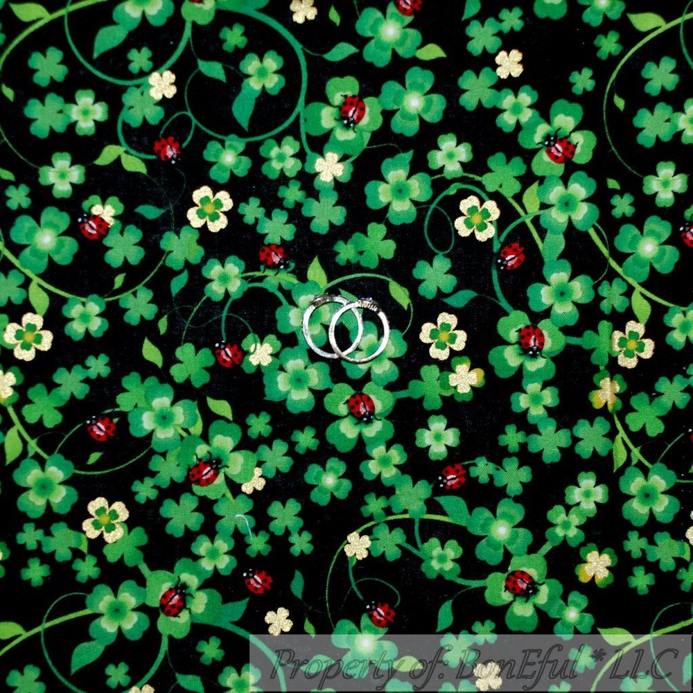 BonEful FABRIC FQ Cotton Quilt Green Black Red Ladybug Gold Leaf Metallic Small