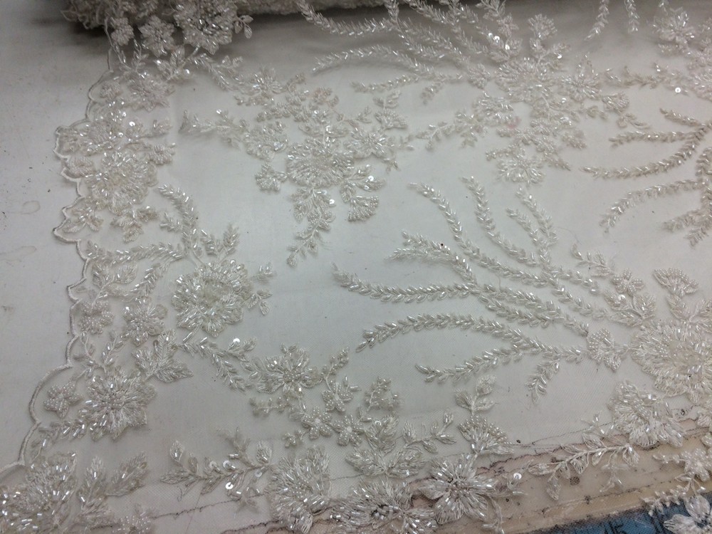 Ivory Hand Beaded Mesh Embroider Flowers.36x50inches. Wedding-Bridal Fabric Lace