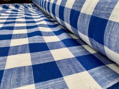 Gingham Checked Linen Fabric Plaid Buffalo Material 150cm wide Royal Blue White