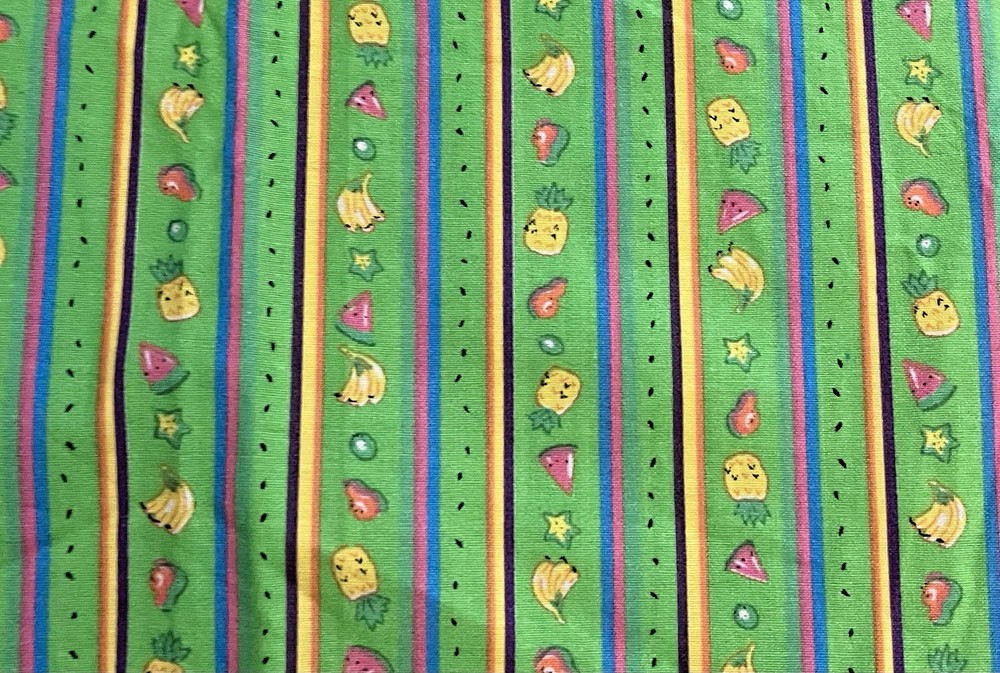 VTG Novelty Bright Fruit Stripes on Lime Green BTFQ