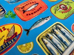 Retro Sardine Tin Fabric Fish Can Vintage Cotton Kitchen Decor Crafts 140cm Blue