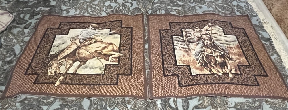 Rawhide western cowboys rodeo pillow panel fabric 2 Pieces