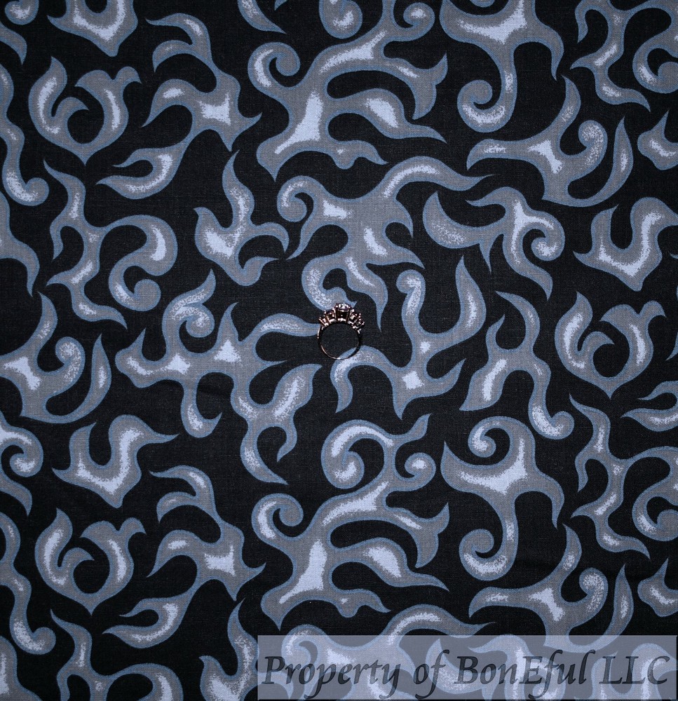 BonEful Fabric FQ Cotton Quilt Black Gray FIRE Man Flame Harley Motorcycle Cook