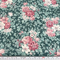 Vintage Cranston Florals on Green Metallic Silver Cotton Fabric by the Half Yard