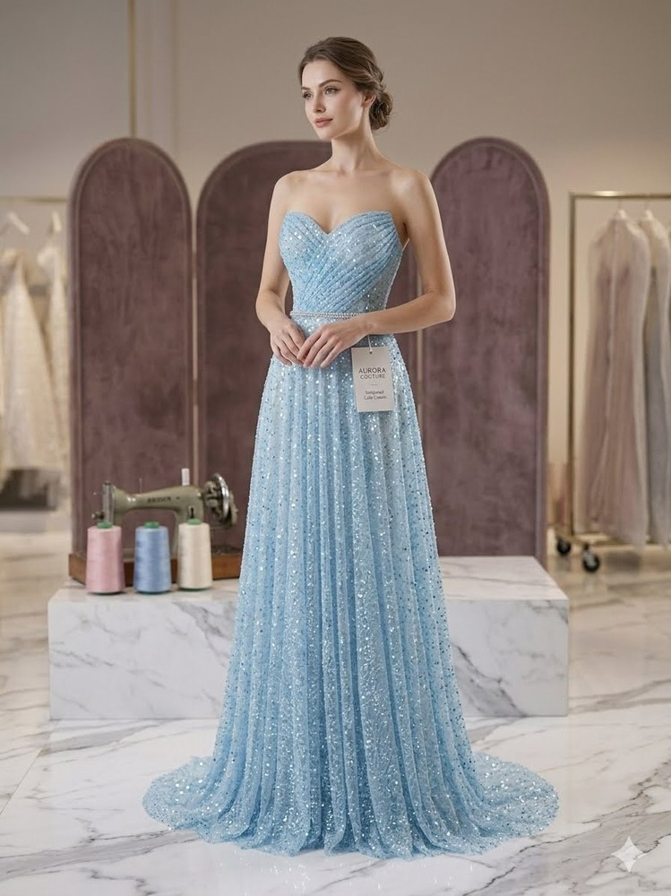 Light Blue Beaded Sequin with pearls Yard, Glitter Mesh, Prom Dress Fabric
