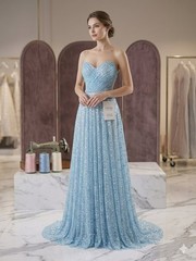 Light Blue Beaded Sequin with pearls Yard, Glitter Mesh, Prom Dress Fabric