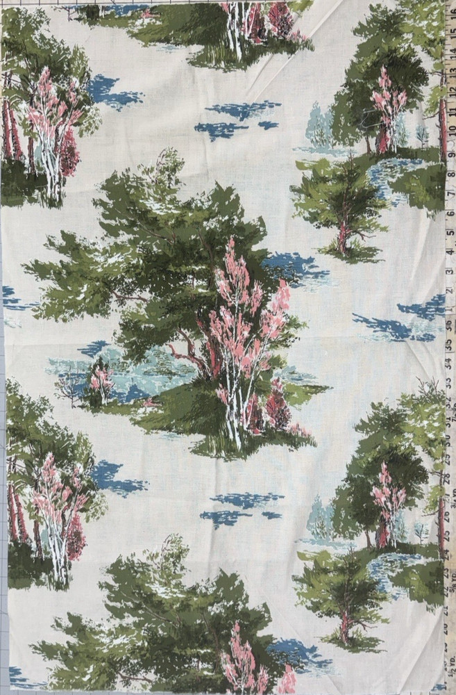 Mid-Century Landscape Pink Green Trees Blue Sky White Cotton Fabric 23″x36″ #55