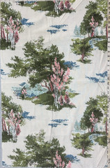Mid-Century Landscape Pink Green Trees Blue Sky White Cotton Fabric 23″x36″ #55