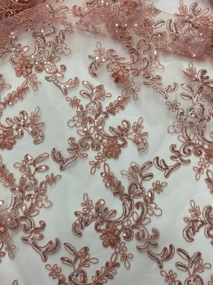 Dusty rose corded Floral lace with sequin Fabric Sold By The Yard 52″ Wide Elena