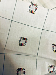 VTG Woven Red Green Yellow Plaid Squares on White Semi Sheer BTHY 60″ X 18″