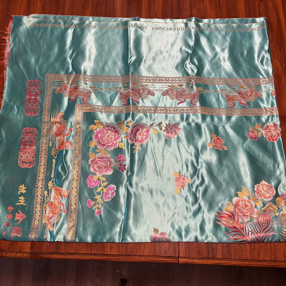 angzhou Silk Brocade Set Turquoise & Pink Phoenix Peony Bedspread Coverlet 84×70