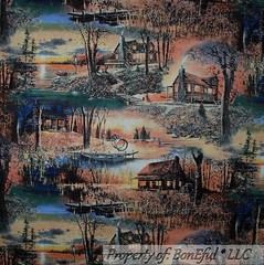BonEful Fabric FQ Cotton Quilt Scenic Log Cabin House Tree Sunset Lake Fish Hunt