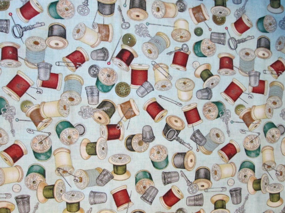 THREAD SPOOLS OF THIMBLE NEEDLES THREADER MORE ON BLUE COTTON FABRIC FQ