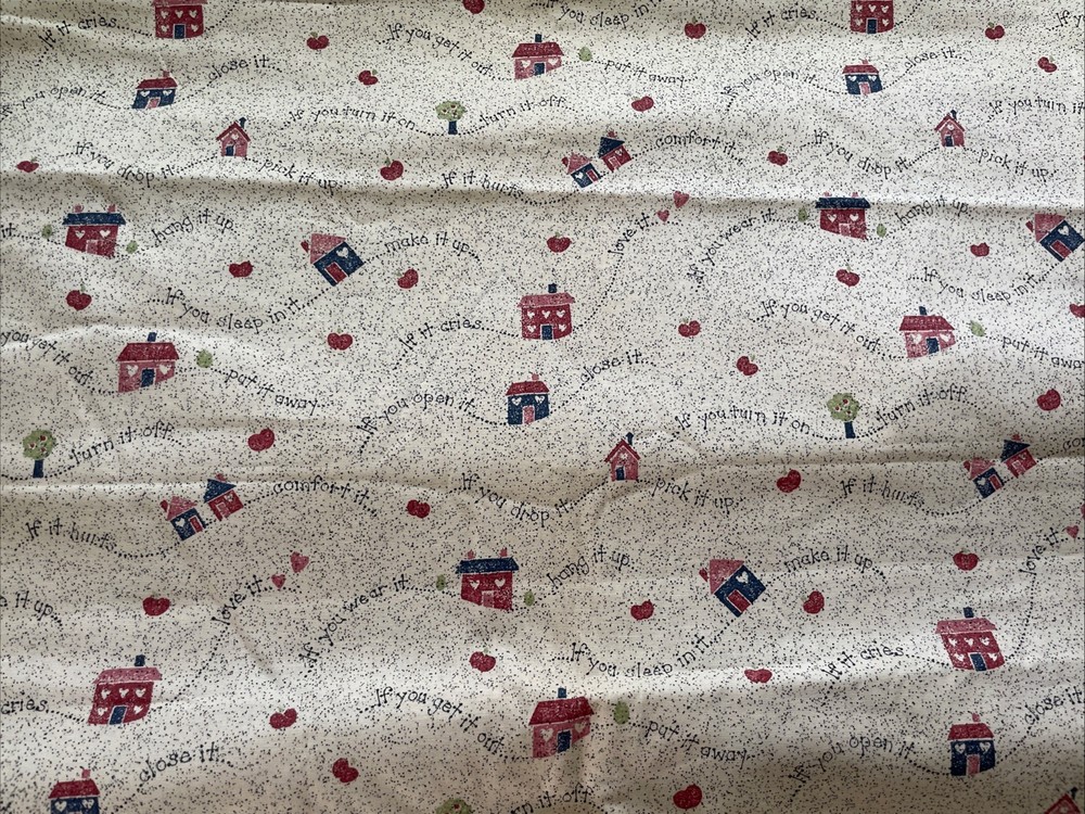 Vtg 1 Yd Beige Red Blue House Hearts If You Use It Quilt FABRIC