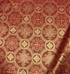 Red Gold Floral Metallic Church Cross Brocade Fabric 60” Width Sold By Yard