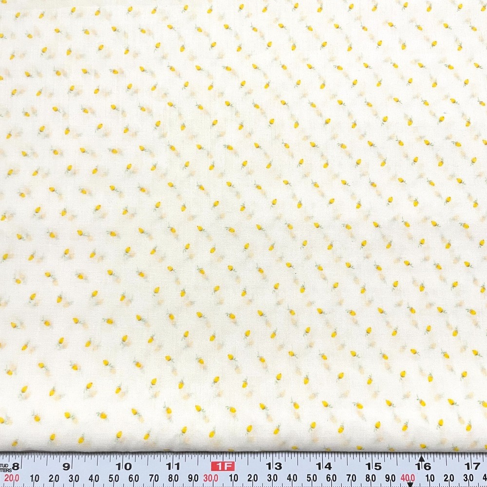 Vintage Yellow Rosebud Florals on Off White Cotton Blend Fabric by the HALF YARD
