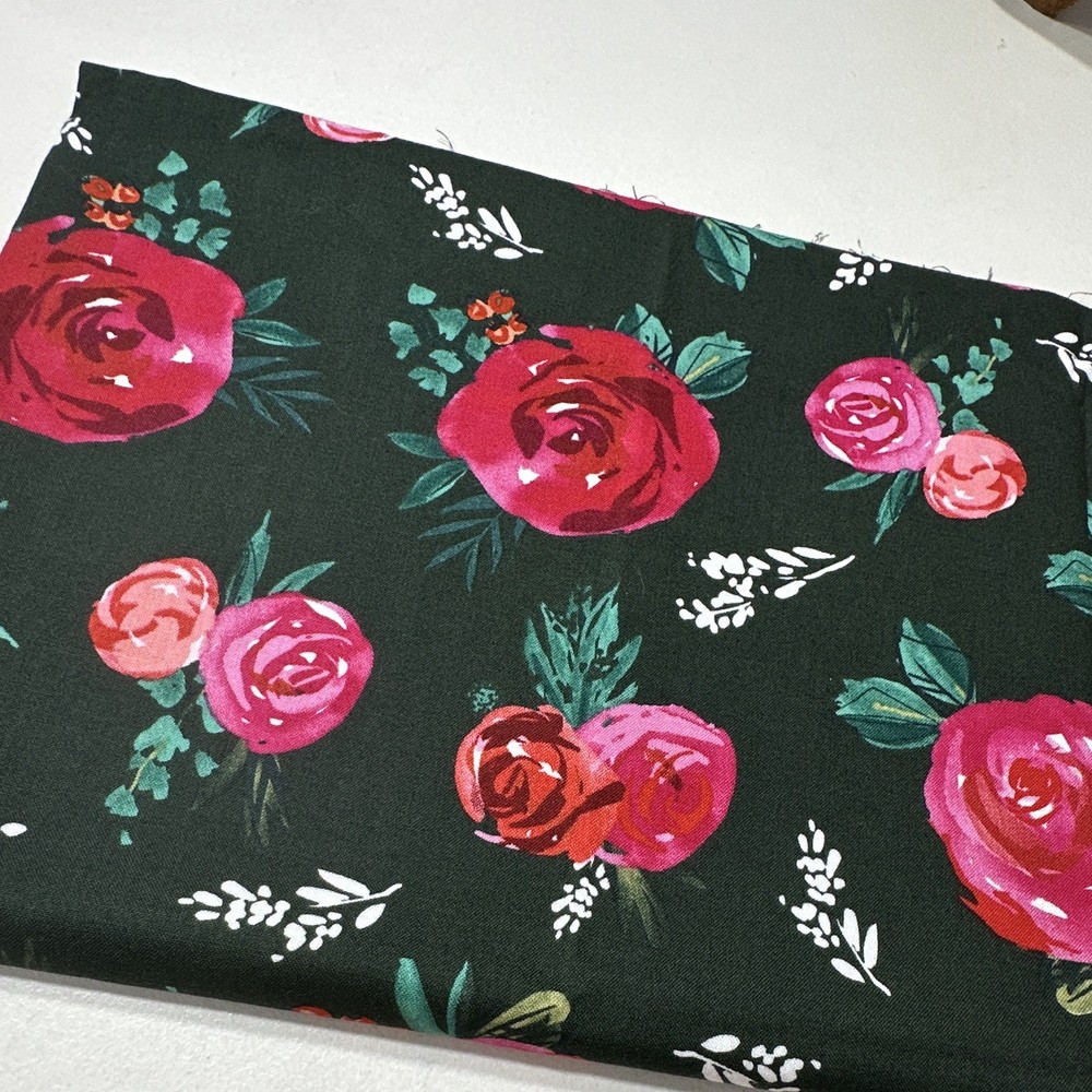 Hobby Lobby Floral Cotton Fabric Yardage Black Pink Red Roses Green 1 yd